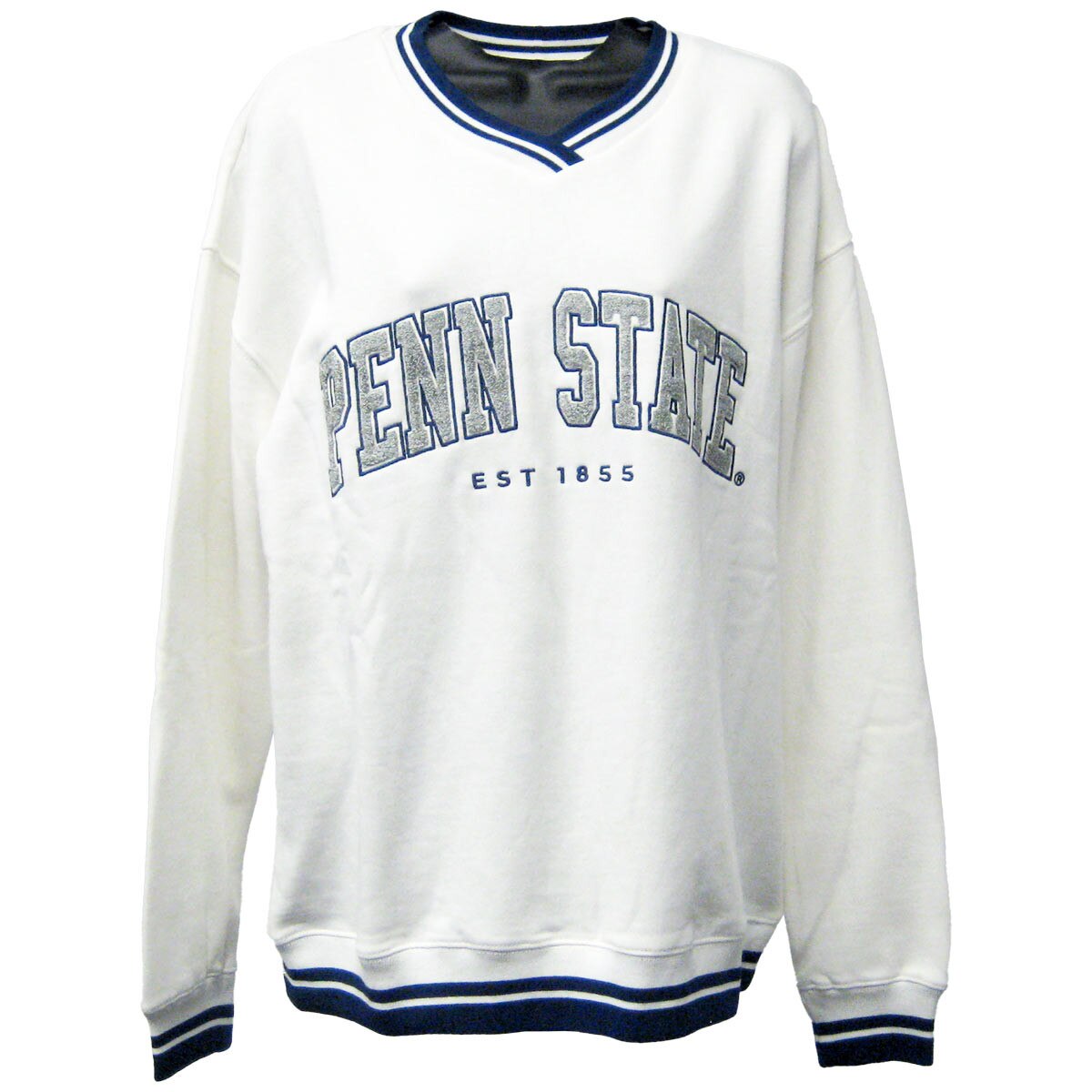 white v-neck sweatshirt with Penn State Est 1855